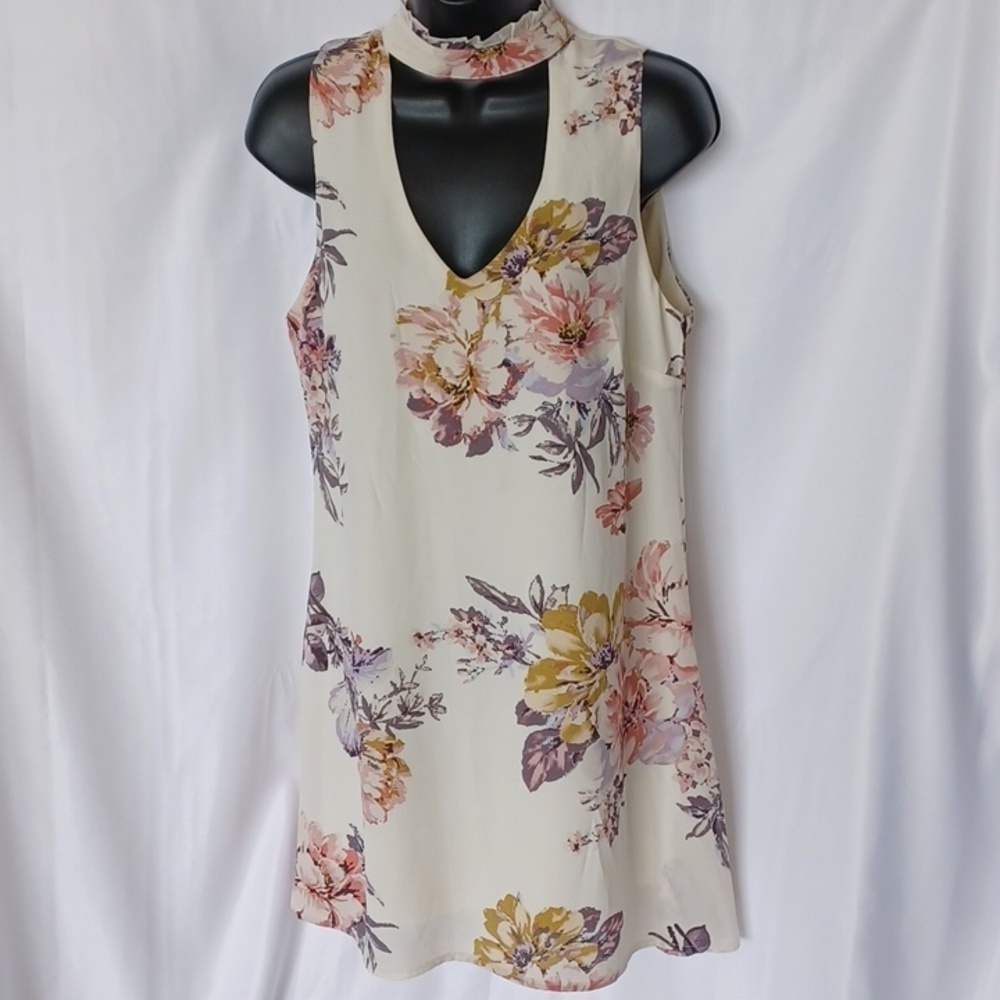 Halo Ivory Floral Collared Halter Neck Mini Dress (M), fully lined
